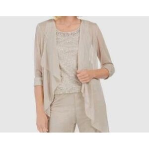 R&M Richards Sheer Beaded Open Front Cardigan Sz 16 Beige Lightweight New